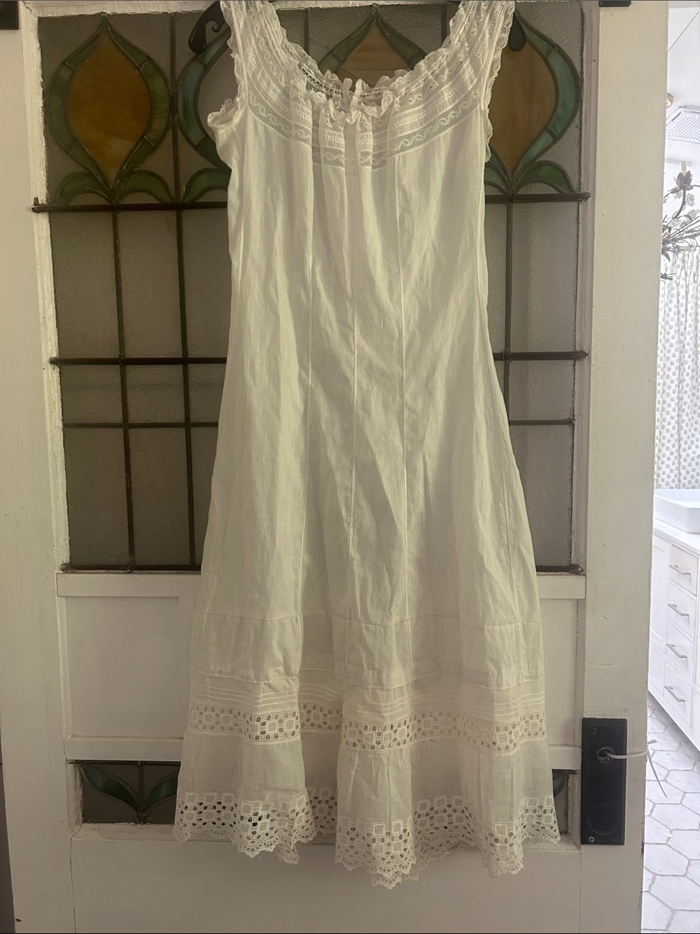 Antique White Cotton Maxi Dress with Lace Trim - Picture 4 of 6